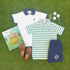 Prim & Proper Polo: Kiawah Kelly Green Stripe With Bellport Butter Yellow Stork