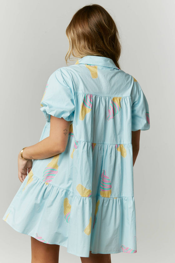 Ice Cream Print Poplin Shirt Dress: SKY BLUE