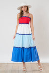 Wave Trim Color Block Maxi Dress - Red/White/Blue