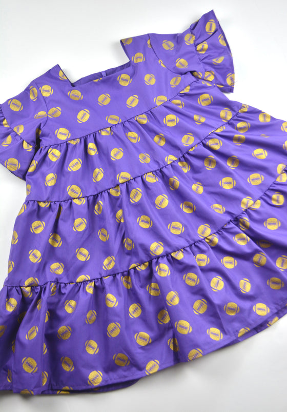 Game Day Tiered Dress with Footballs - Purple & Gold