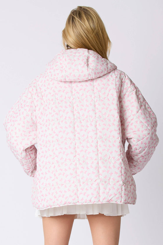 Bow Prints Pullover Puffer Jacket : Pink/Ivory