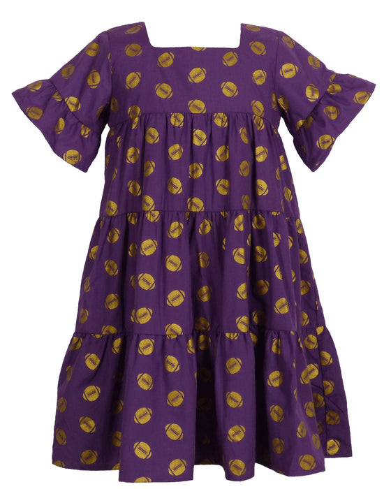 Game Day Tiered Dress with Footballs - Purple & Gold