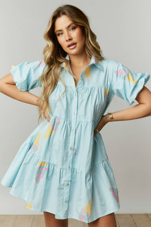  Ice Cream Print Poplin Shirt Dress: SKY BLUE