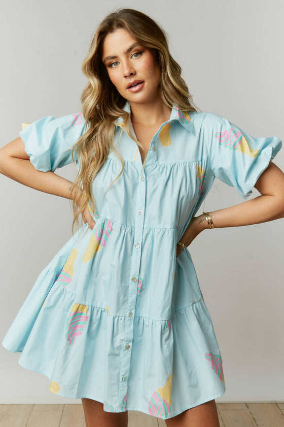 Ice Cream Print Poplin Shirt Dress: SKY BLUE