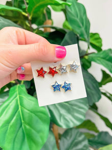  Patriotic Glittery Star Stud Set of 3