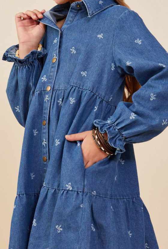 Bow Printed Buttoned Denim Dress