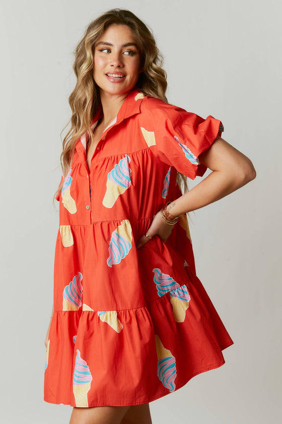 Ice Cream Print Poplin Shirt Dress: RED