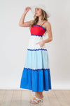 Wave Trim Color Block Maxi Dress - Red/White/Blue