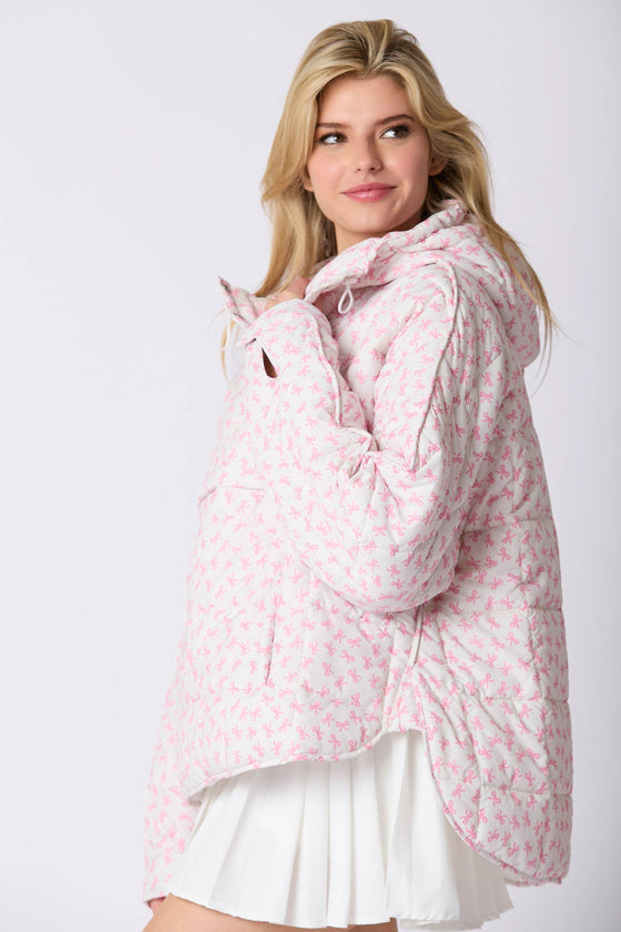 Bow Prints Pullover Puffer Jacket : Pink/Ivory