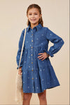 Bow Printed Buttoned Denim Dress