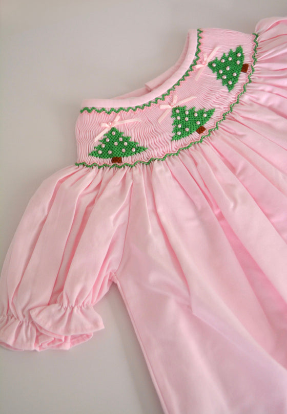 Pink Christmas Tree Smocked Dress