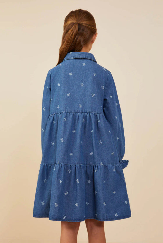 Bow Printed Buttoned Denim Dress