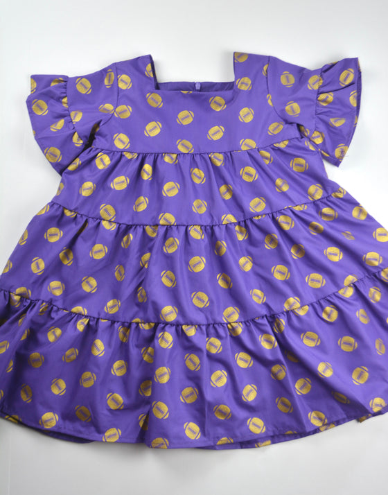 Game Day Tiered Dress with Footballs - Purple & Gold