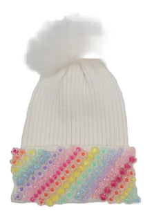  Charm Cuff Hat with Fur Pom