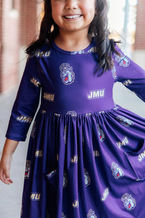 JMU Purple Duke Dog 3/4 Sleeve Pocket Twirl Dress
