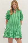 Green Accent Trim Striped Mini Dress