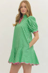 Green Accent Trim Striped Mini Dress
