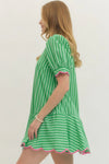 Green Accent Trim Striped Mini Dress