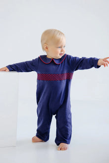  Samual Smocked Romper: Nantucket Navy/ Richmond Red