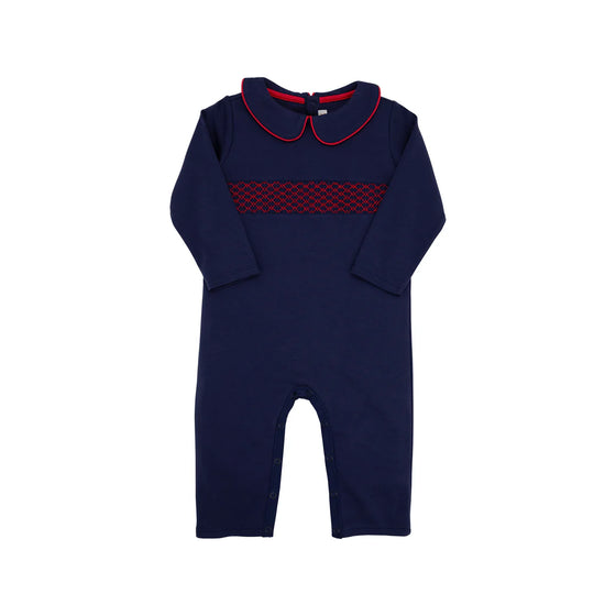 Samual Smocked Romper: Nantucket Navy/ Richmond Red