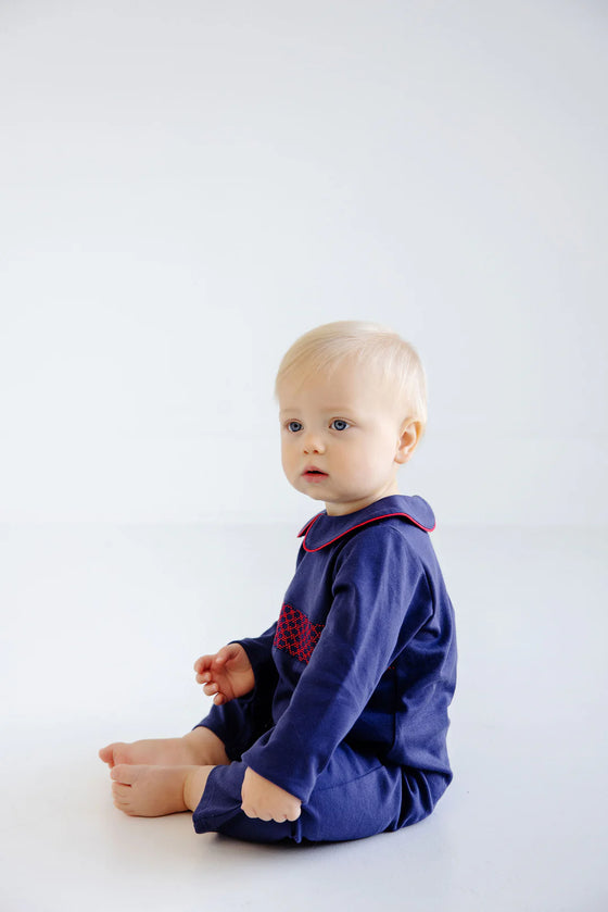 Samual Smocked Romper: Nantucket Navy/ Richmond Red