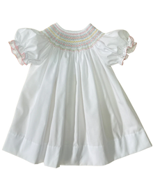  White Pastel Smocked Bishop Dress