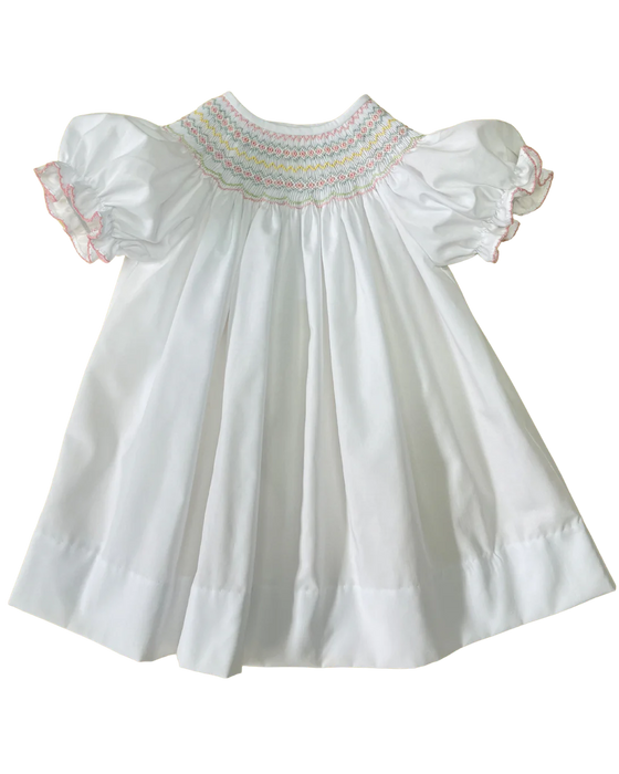 White Pastel Smocked Bishop Dress