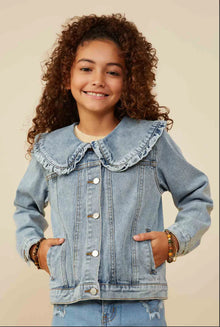  Exaggerated Ruffle Collar Denim Jacket