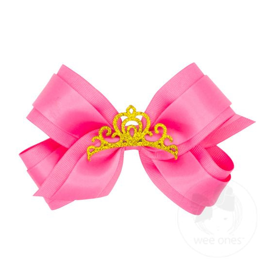 Princess Hair Bow with Satin Overlay and Glitter Crown