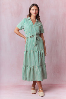  Green Stripe Tie Waisted Midi Dress