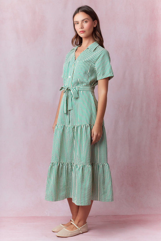 Green Stripe Tie Waisted Midi Dress
