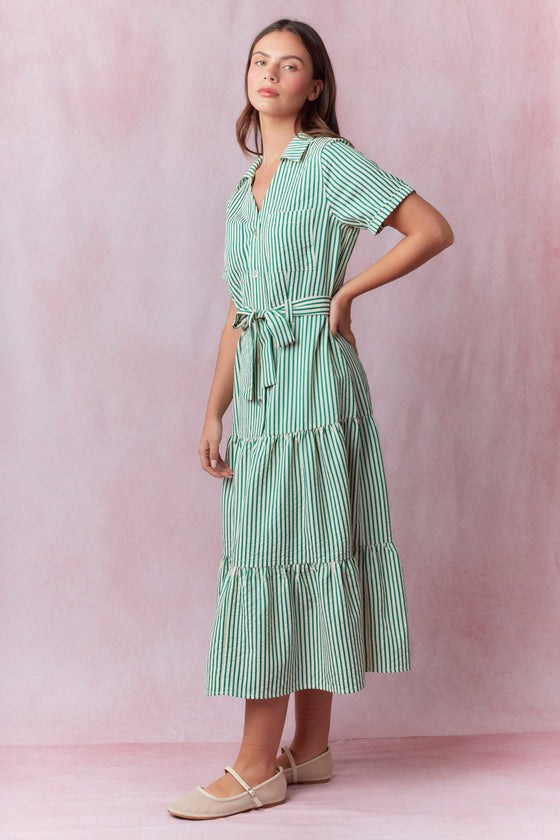Green Stripe Tie Waisted Midi Dress