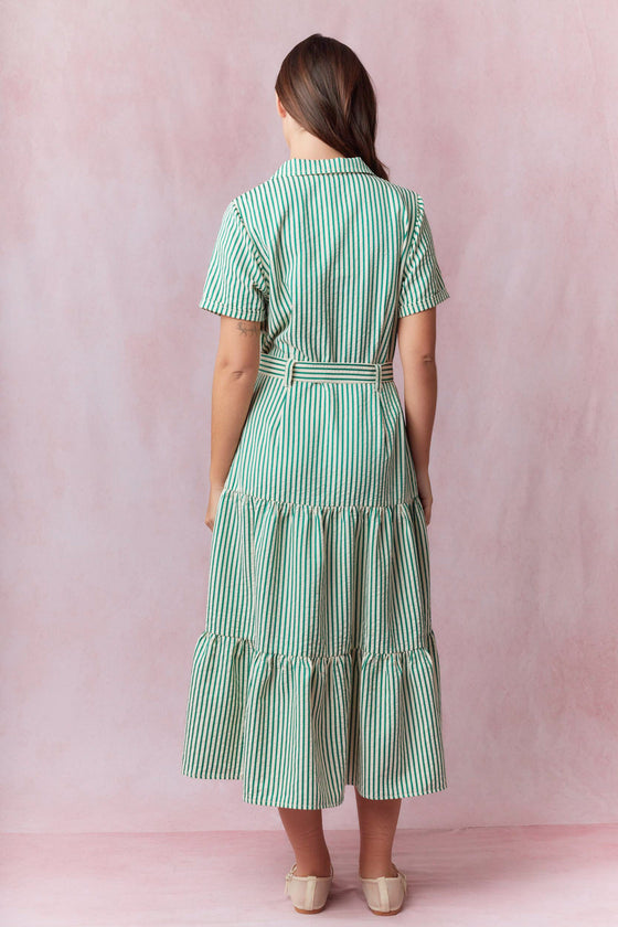 Green Stripe Tie Waisted Midi Dress