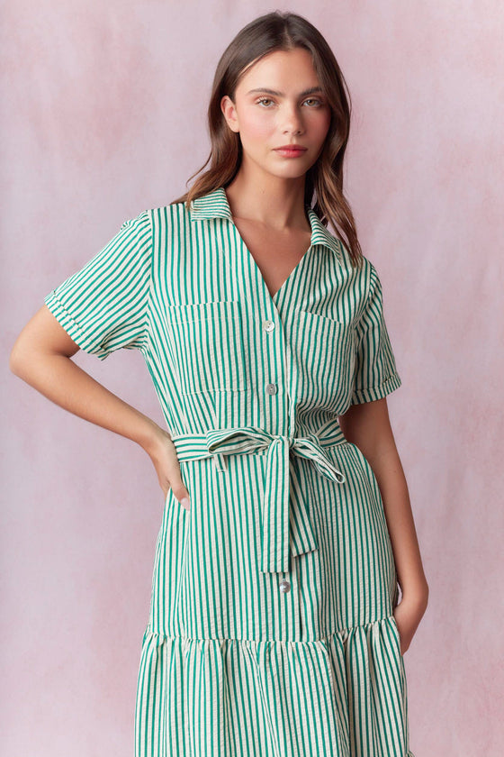 Green Stripe Tie Waisted Midi Dress