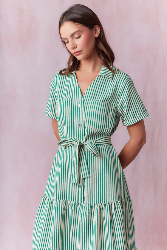 Green Stripe Tie Waisted Midi Dress