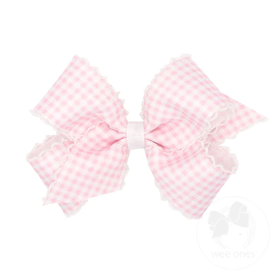 Light Pink Gingham-Printed Grosgrain Hair Bow with Moonstitch Edge