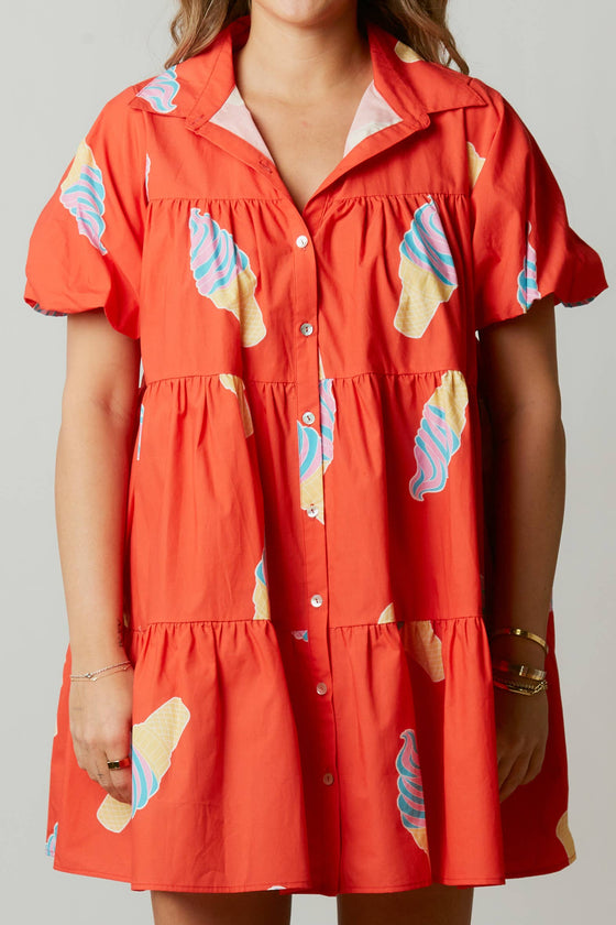 Ice Cream Print Poplin Shirt Dress: RED