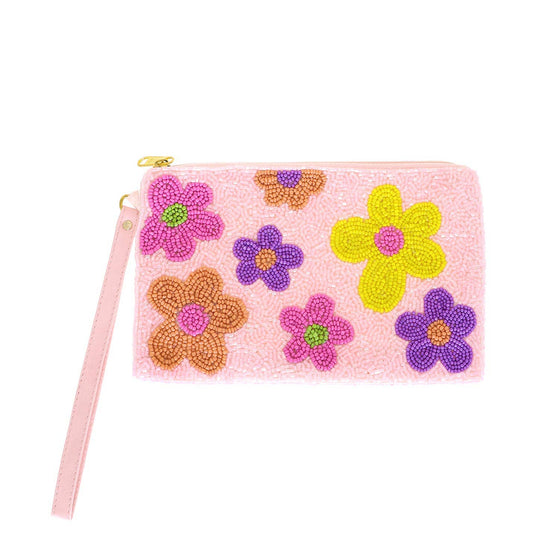 Beaded Multicolor Floral Coin Purse w/ Wristlet