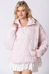 Bow Prints Pullover Puffer Jacket : Pink/Ivory