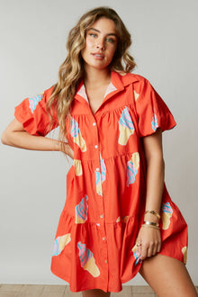  Ice Cream Print Poplin Shirt Dress: RED