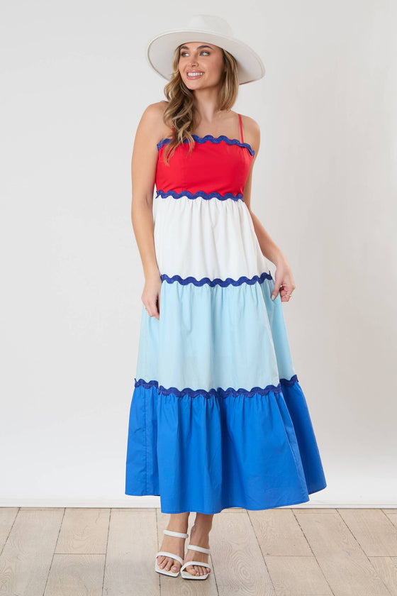 Wave Trim Color Block Maxi Dress - Red/White/Blue