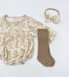 Elodie L/S Romper Set: 3pc Set + Oatmeal socks w. bow