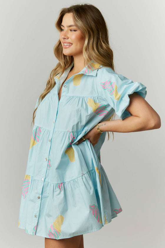 Ice Cream Print Poplin Shirt Dress: SKY BLUE