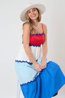  Wave Trim Color Block Maxi Dress - Red/White/Blue