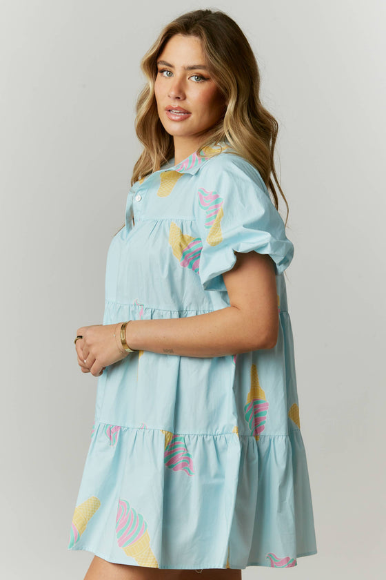 Ice Cream Print Poplin Shirt Dress: SKY BLUE