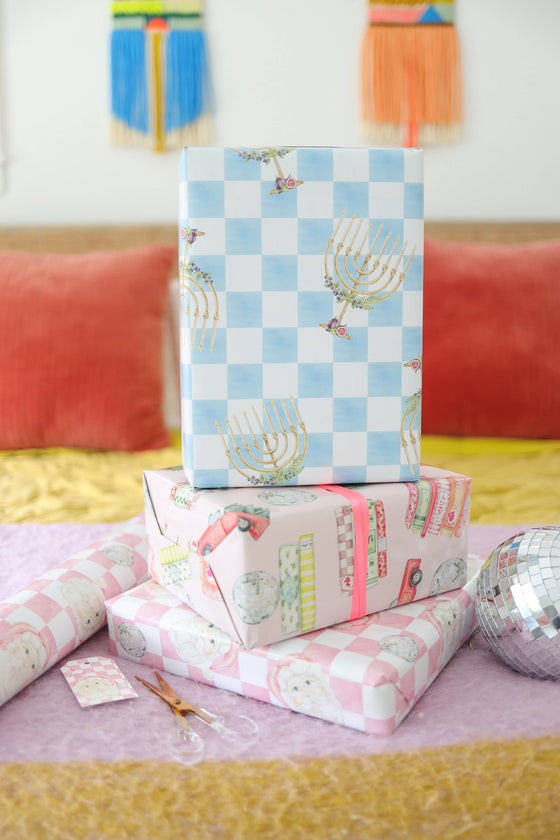 menorah figs blue checker print gift wrap