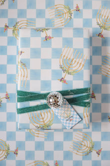  menorah figs blue checker print gift wrap