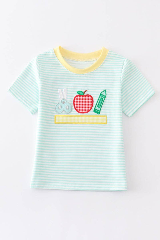 Green stripe apple pencil applique boy top