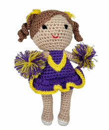  Cheerleader Crochet Rattle- Purple & Gold 5"