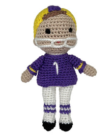  Football Player Crochet Rattle- Purple & Gold 5"